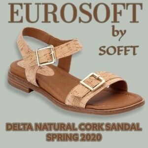 EUROSOFT/SOFFT Natural Cork Leather Delta Buckle-Strap 1” Heel Sandals NEW/10M